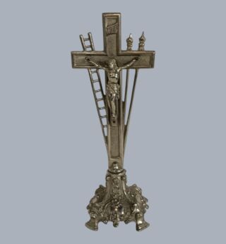 Vintage Standing Crucifix Cross Altar Desk Spelter Tools of Passion Corpus Christi