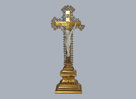 Antique Standing Crucifix with Lamb of God Chalice Wood Ormolu Porcelain Corpus Christi