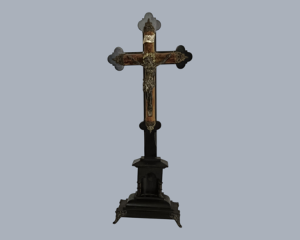 Antique Standing Table Altar Crucifix - Wood, Spelter, Fabric, Polychrome (1920s)