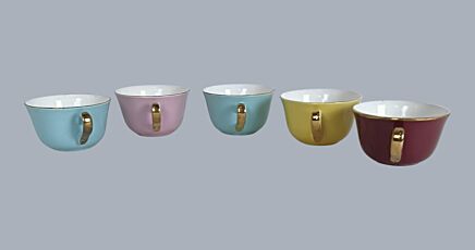 5 Vintage Polychrome Cups, Keralux Boch attributed, Gold Rim, Expo 58 Style