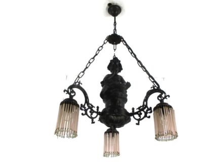 French Chandelier Angels Cherub Putti Black Resin 3 lights Pink Prisms
