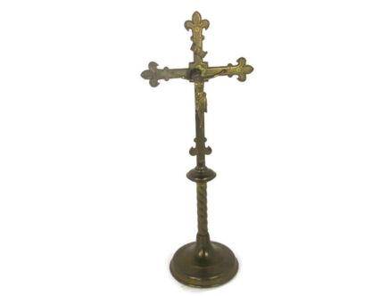 French Standing Altar Church Chapel Crucifix Cross Ornate Brass Enamel Fleur de Lis