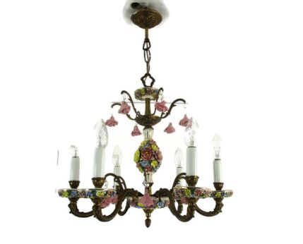 Chandelier 6 arm Lights Italian Porcelain Polychrome Flowers Ornate Brass