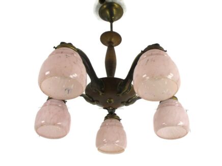 Chandelier 6 Arms Lights Art Deco Marbled Glass Pink Shades Spider Antique
