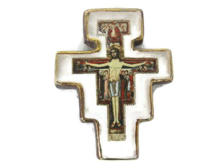 Miniature San Damiano Crucifix Jesus Christ Saints IHS Nazare Italy Porcelain