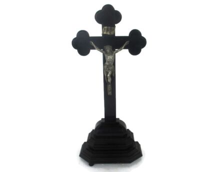 Antique Standing Crucifix   Wood  Corpus Christi Hand Carved French Fleur de Lis 1900s