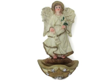 Vintage Holy Water Font Resin Angel Ave Maria Polychrome Wall Hanging Lovely Italian