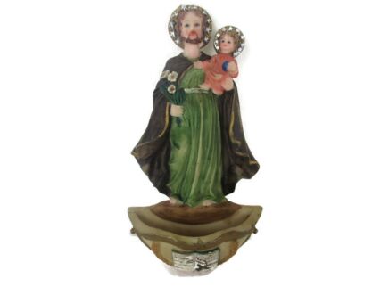 Vintage Holy Water Font Resin Saint Joseph with Infant Jesus Polychrome Wall Hanging Lovely Italian