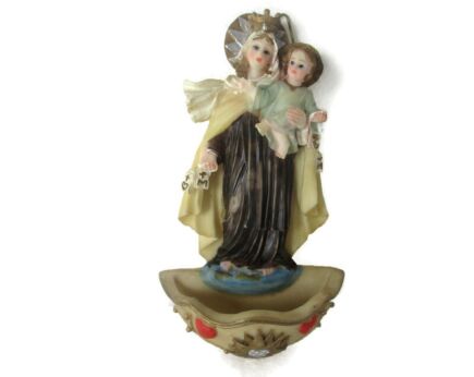 Vintage Holy Water Font Resin Holy Virgin Mother Mary MadonnaPolychrome Wall Hanging Lovely Italian
