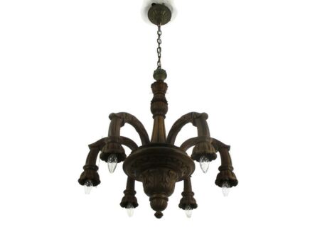 Hand Carved Wooden Spider Chandelier Ornate 6 arm Lights Barn Country Farmhouse Style Large