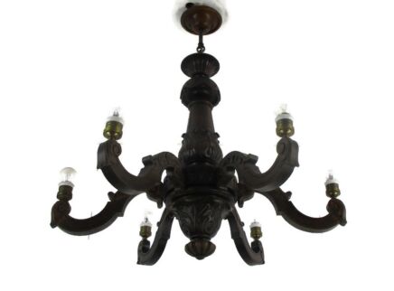 Hand Carved Wooden Chandelier Ornate 6 arm Lights Mid Century Farmhouse Barn Style