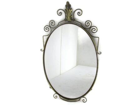 Mid Century Modern Large Ornate Oval Wall Hanging Mirror De Knudt Brass Leaf Belgium
