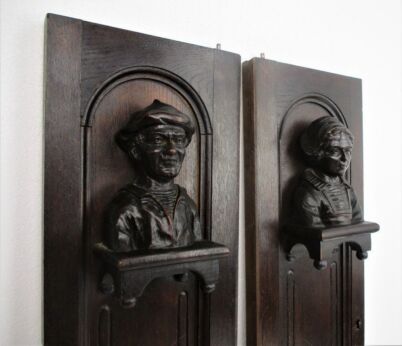 Pair Antique French Breton hand Carved Wood Oak Panels Consoles Reclaimed Architectural Figurines WOW