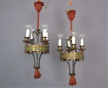 Gothic Pair Couple Lanterns Ornate Chandeliers Pendants Bronze Antique 19th C