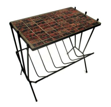 Vintage Mid Century Modern Magazine Newspaper Basket Rack Side Table Funky Ceramic Tiles Wrought Iron