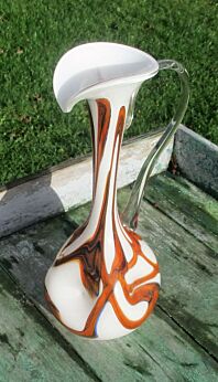 Vintage Orange Lines Mid Century Cased Glass Vase Jug Ear Era Empoli Dents