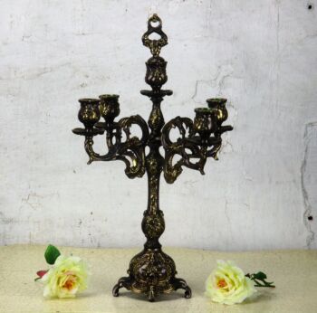 Antique Gorgeous Brass Ornate Candle Holder Candelabra 5 arm Snuffer 17.32"H