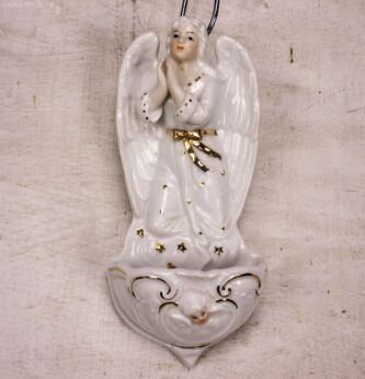 Antique French Holy Water Font Vessel Bisque Porcelain Angel Collector HTF 6.2"