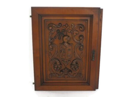 Antique hand Carved Wood Door Panel Reclaimed Architectural Middle ages Scene Shield Knight