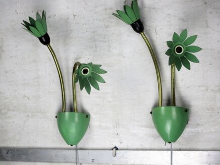 Retro Pair Couple Vintage HTF Wall Sconces Lights Green Flowers era Stilnovo