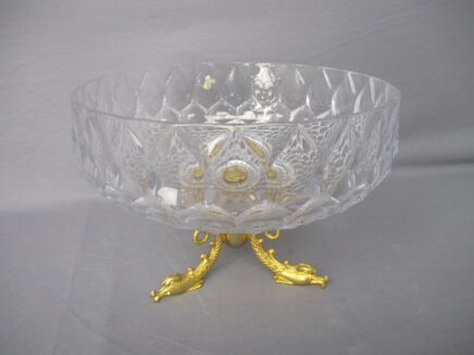 Art Glass Bowl Dish Centerpiece Basket Marked Brass Fish Legs Lovely Hollywood regency