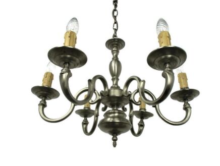 Flemish Dutch Style Chandelier 6 Arm Lights Pewter Country Barn Style Farmhouse