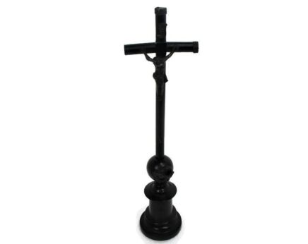 Antique Dark Carved wood Table Standing Crucifix Round Base Brass Corpus Snake Wonderful