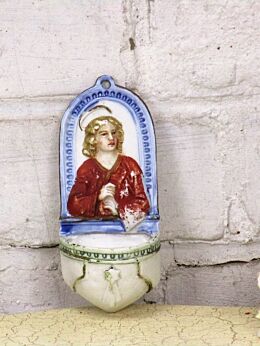 Porcelain Holy Water Font Beautiful Angel Saint Jesus Germany Wall Hanging