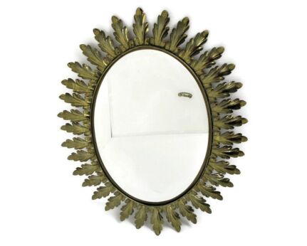 Mid Century Modern Large Ornate Oval Wall Hanging Mirror De Knudt Brass Leafs