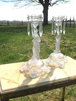 Antique pair couple glass Candlestick Holders Cut Prisms