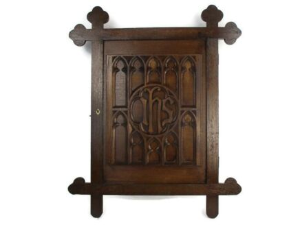 Gothic Hand Carved wooden Church Cabinet Antique Wall Hanging IHS Stunning Rare