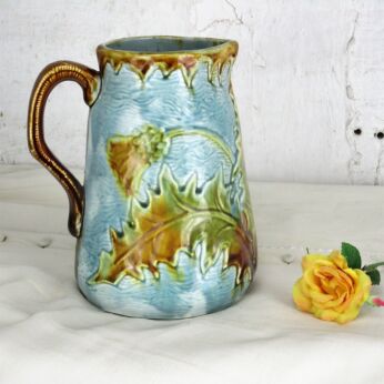Vintage Antique French Ceramic Pottery Majolica Brown Green Leafs Jar Pitcher
