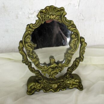 Small Rococo Ornate Brass Standing Adjustable Swivel Makeup Vanity Mirror Angels