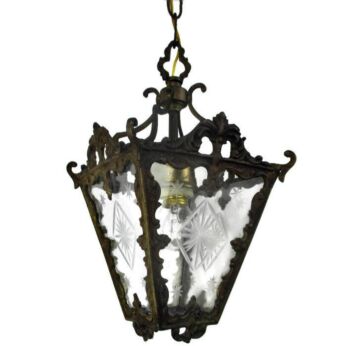Vintage Lantern Ornate Brass Etched Glass Chandelier Pendant Shade Lovely