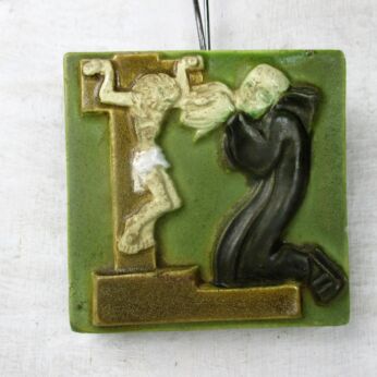 Wall Plaque Hanging Ceramic Tiles Saint Francis Assisi Carrying Jesus Crucifix