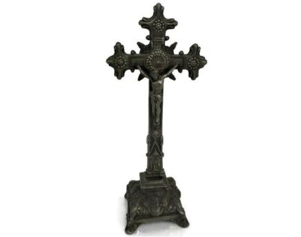 Vintage Standing Crucifix Jesus Christ Cross Ornate Angels at Feet Spelter Beautiful