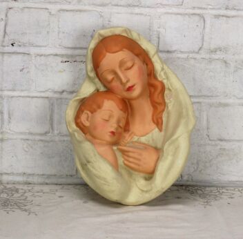 Vintage Plaster Virgin Mary Jesus Infant Child Madonna Plaque Figurine