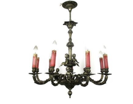 Chandelier 9 Lights Arms Putti Hollywood Regency Spelter Chandelier Fixture