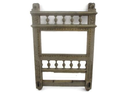Antique Hand Carved Wood Back of Chair Pediment Ornate Architectural Reclaimed Lion Heads Barn Style