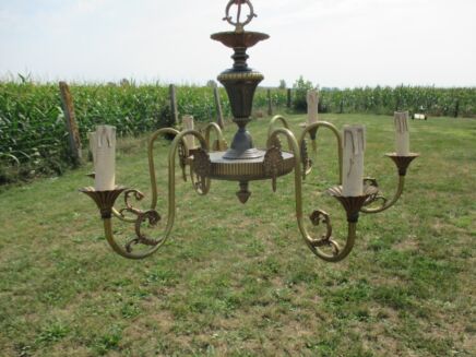 Vintage French Empire Style Chandelier 6 Arms Lights Green Shade Brass Stunning