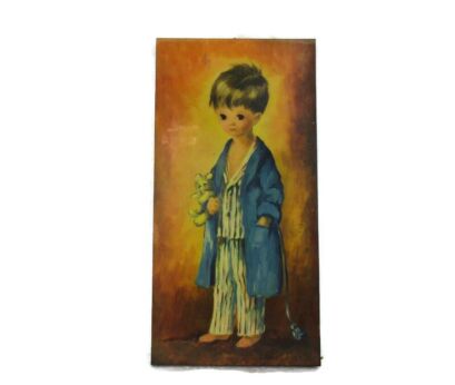 Vintage Print On Wood Wall Hanging by Dallas Simpson 60s Boy in Pyama Nostalgic
