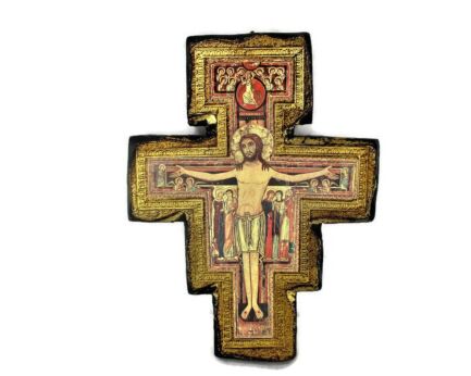 Florentine Wood San Damiano Wall Hanging Crucifix Jesus Christ Gold Gilt Rare 11.2"