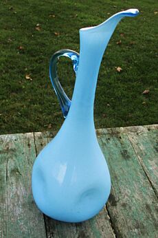 Vintage Azure Blue Mid Century Cased Glass Vase Jug Ear Era Empoli Dents