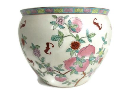 X Large Vintage Chinese Porcelain Enamel Famille Rose Koi Fish Bowl Planter Vase  Cachepot Flowers Bats  Stunning