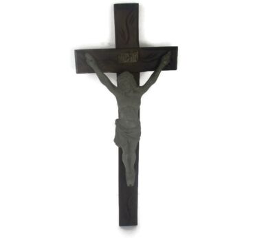 Large Wall Hanging hand Carved Wood Crucifix Cross Jesus Christ Faux Brass Spelter Corpus 27.55"