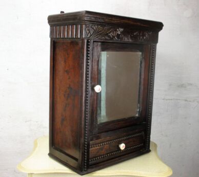 Dark Wood Medicine Wall Cabinet Apothecary Mirror Drawer Ornate Hobnails WOW