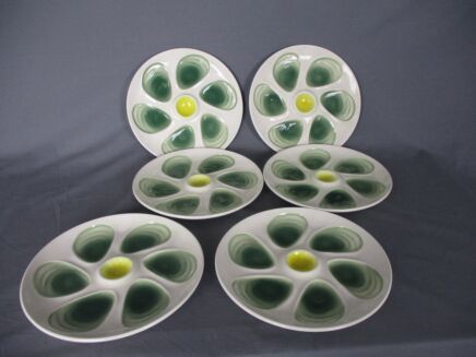 Set of 6 French Oyster Plates Porcelain Faience Hand Painted Stylish Green Yellow White
