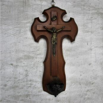 Hanging Crucifix Cross Wood Brass Ornate Holy Water Font Vintage Lovely 9.84"