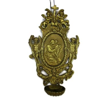 Large Brass Embossed Holy Water Font Angels Virgin Mary Infant Wall Hanging HTF