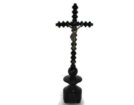 Antique Dark Carved wood Table Standing Crucifix Round Base Spelter Corpus Gorgeous Bobbin Stem